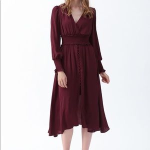Chic Wish Long Sleeve Satin Midi Dress burgundy